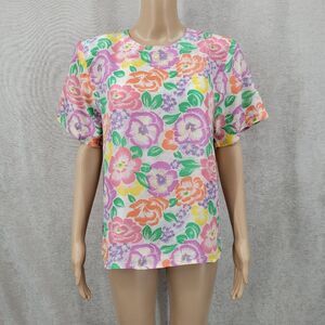 Silk Time Vintage Colorful Floral Women's Top Short Sleeve Blouse